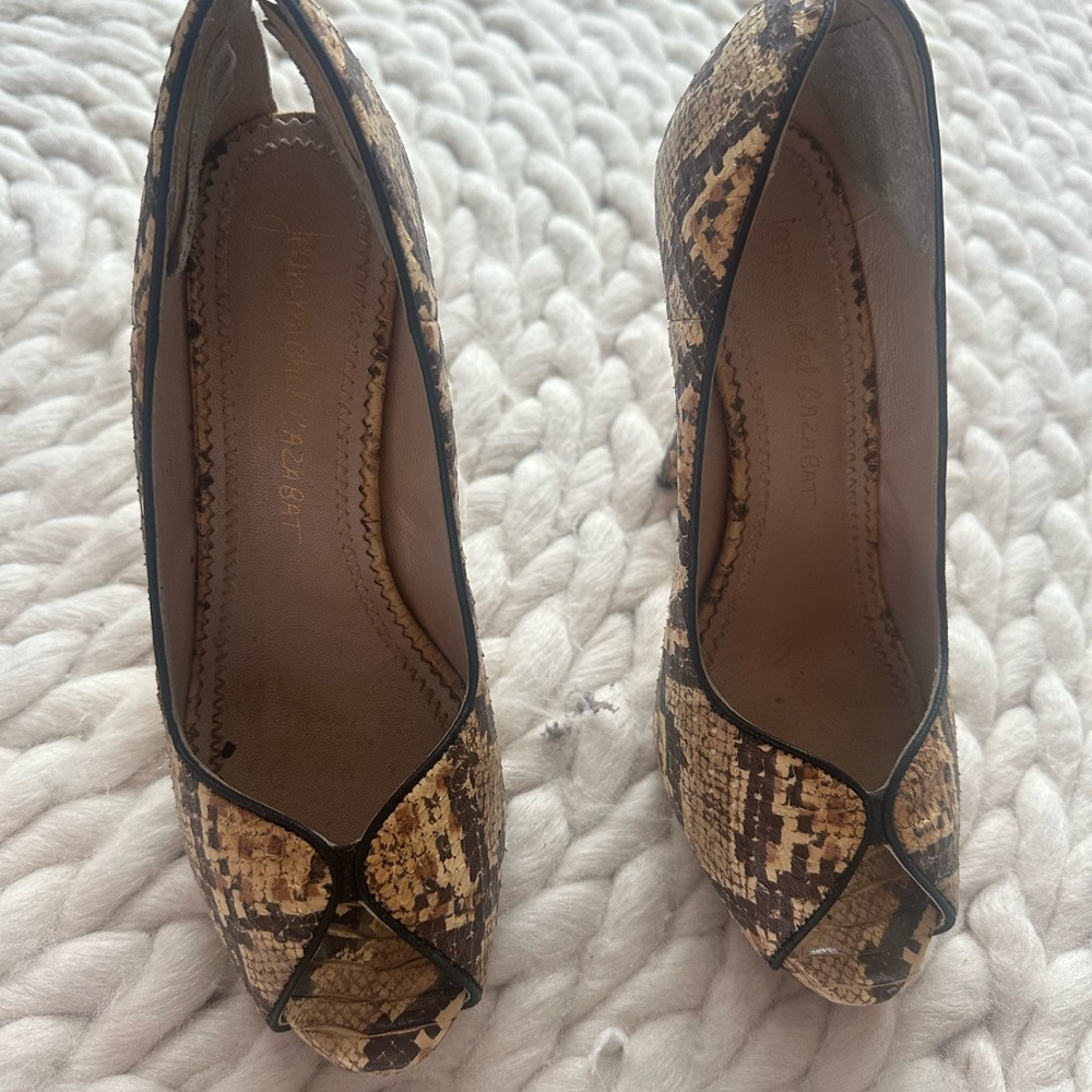 Brown and Black Peep-Toe Heels with Snakeskin Pattern